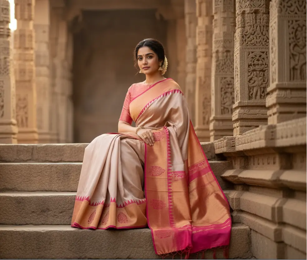Women's cream color silk printed saree with unstitched blouse  5