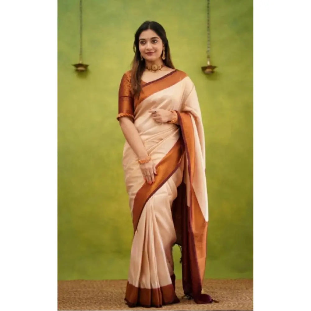 Women's Cream Color Silk Printed Saree With Unstitched Blouse -5.5Mtr Kashvii