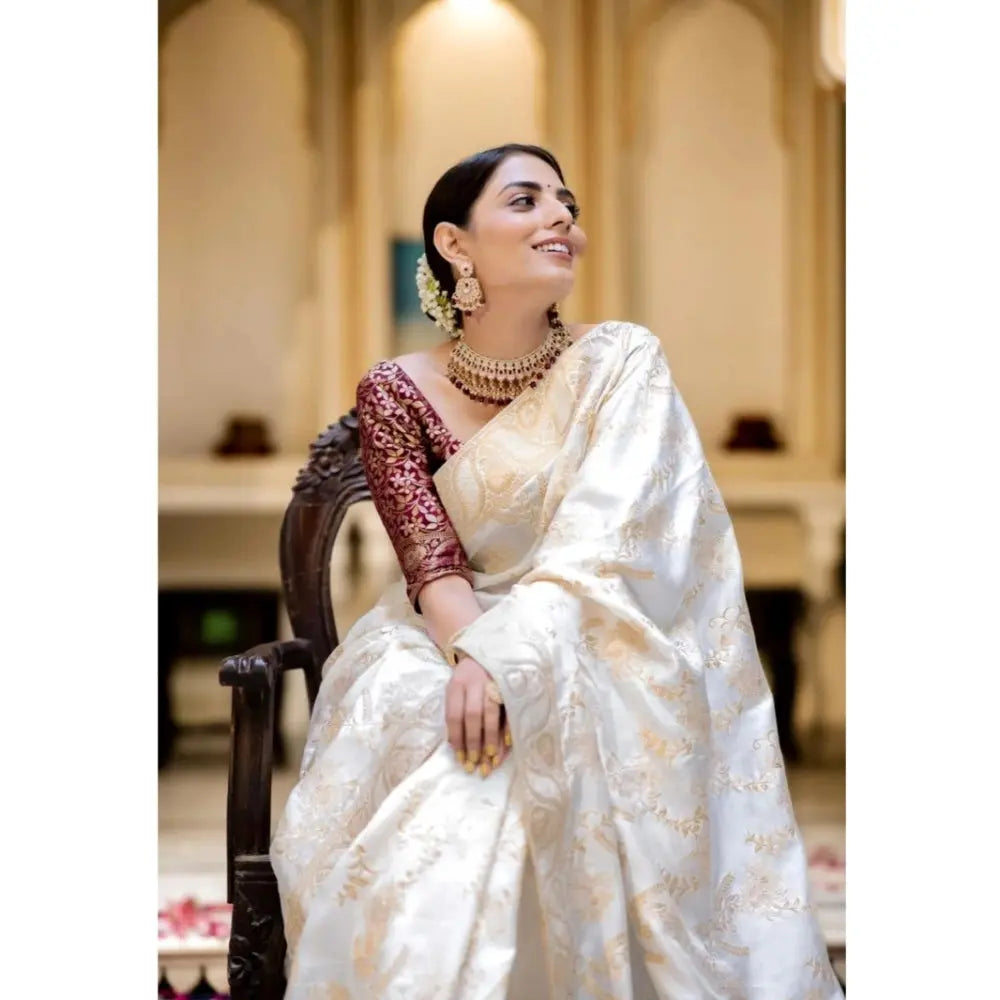 Women's Silk Printed Saree With Unstitched Blouse 5.5Mtr (White) Kashvii