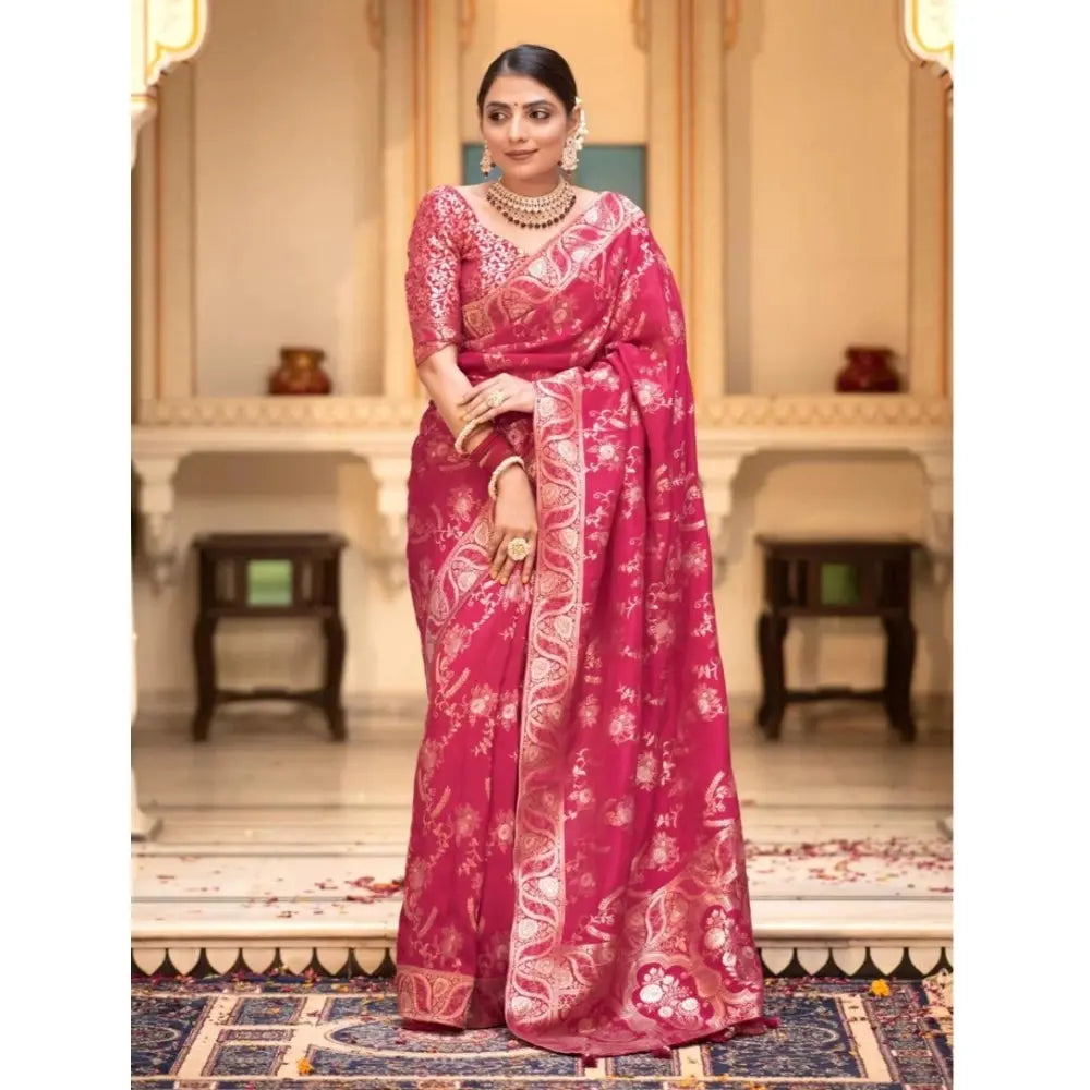Women's Pink Silk Printed Saree With Unstitched Blouse -5.5Mtr Kashvii