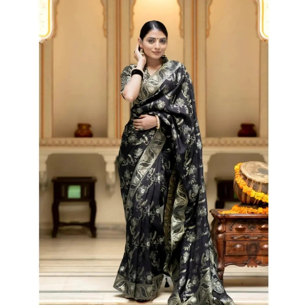 Women's Black Silk Printed Saree With Unstitched Blouse -5.5Mtr Kashvii