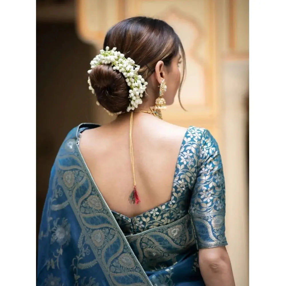 Women's Teal Blue Silk Printed Saree With Unstitched Blouse -5.5Mtr Kashvii