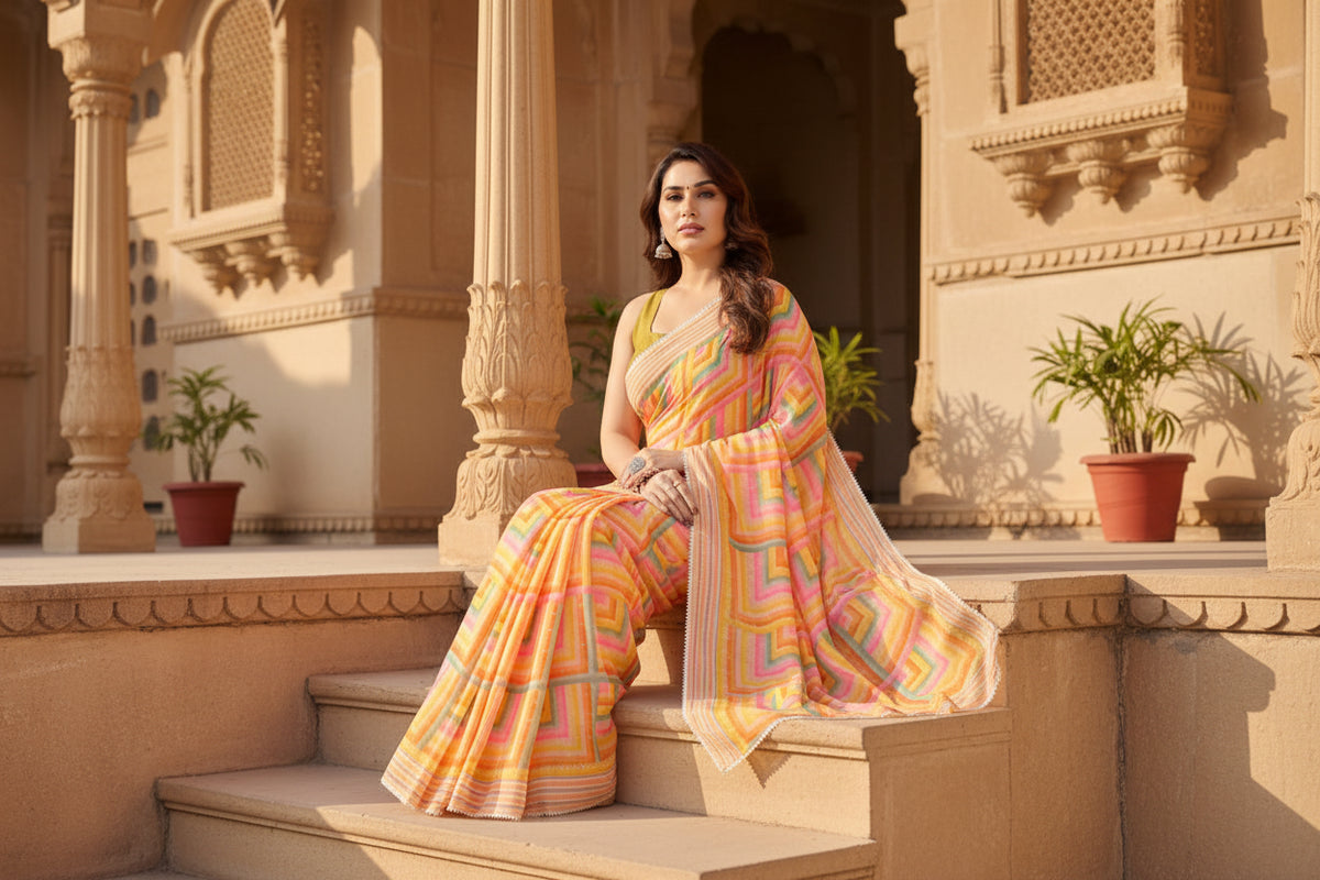 Women's small lace georgette printed ready to wear saree with unstitched blouse 5