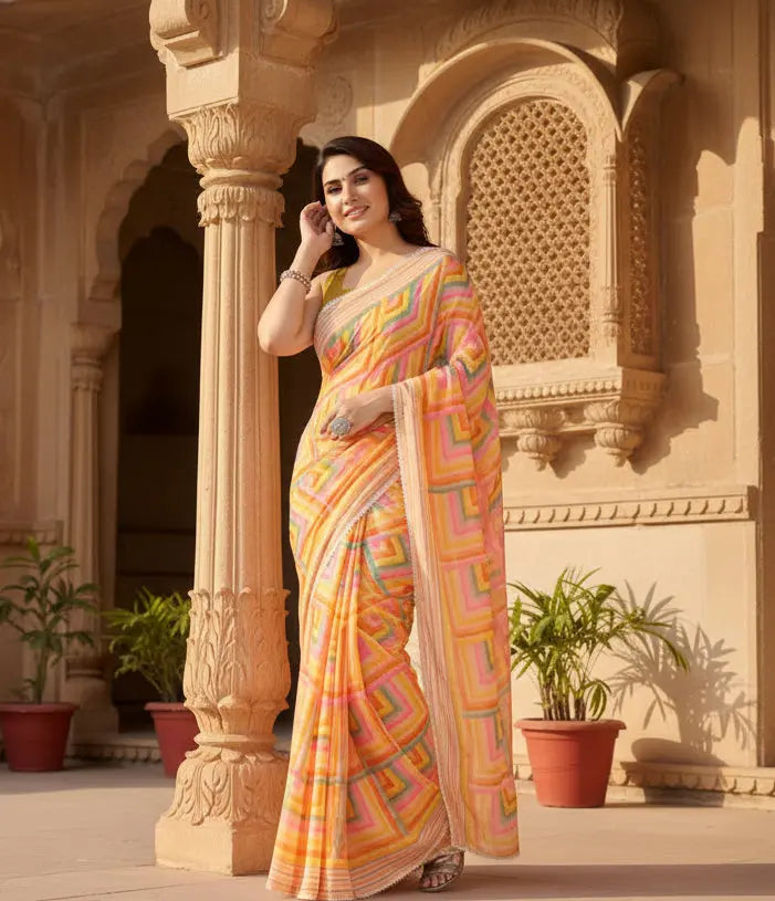 Women's Small Lace Georgette Printed Ready-to-Wear Saree With Unstitched Blouse 5.5 Mtr (Yellow) Kashvii