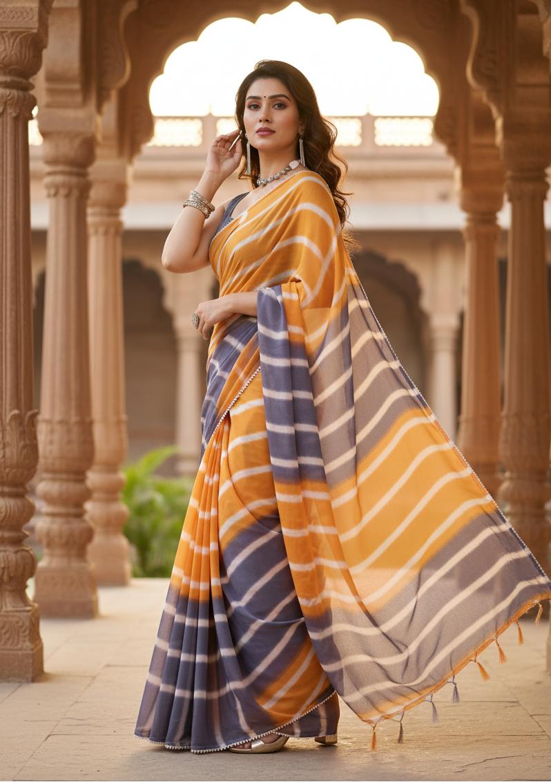 Women's Small Lace Georgette Striped Ready-to-Wear Saree With Unstitched Blouse 5.5 Mtr (Orange-Grey) Kashvii