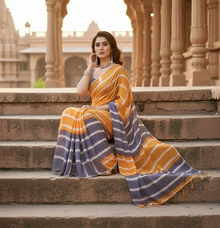 Women's Small Lace Georgette Striped Ready-to-Wear Saree With Unstitched Blouse 5.5 Mtr (Orange-Grey) Kashvii