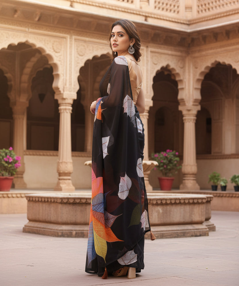 Women's Small Lace Georgette Printed Ready-to-Wear Saree With Unstitched Blouse 5.5 Mtr (Black) Kashvii