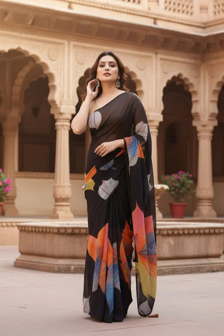 Women's Small Lace Georgette Printed Ready-to-Wear Saree With Unstitched Blouse 5.5 Mtr (Black) Kashvii