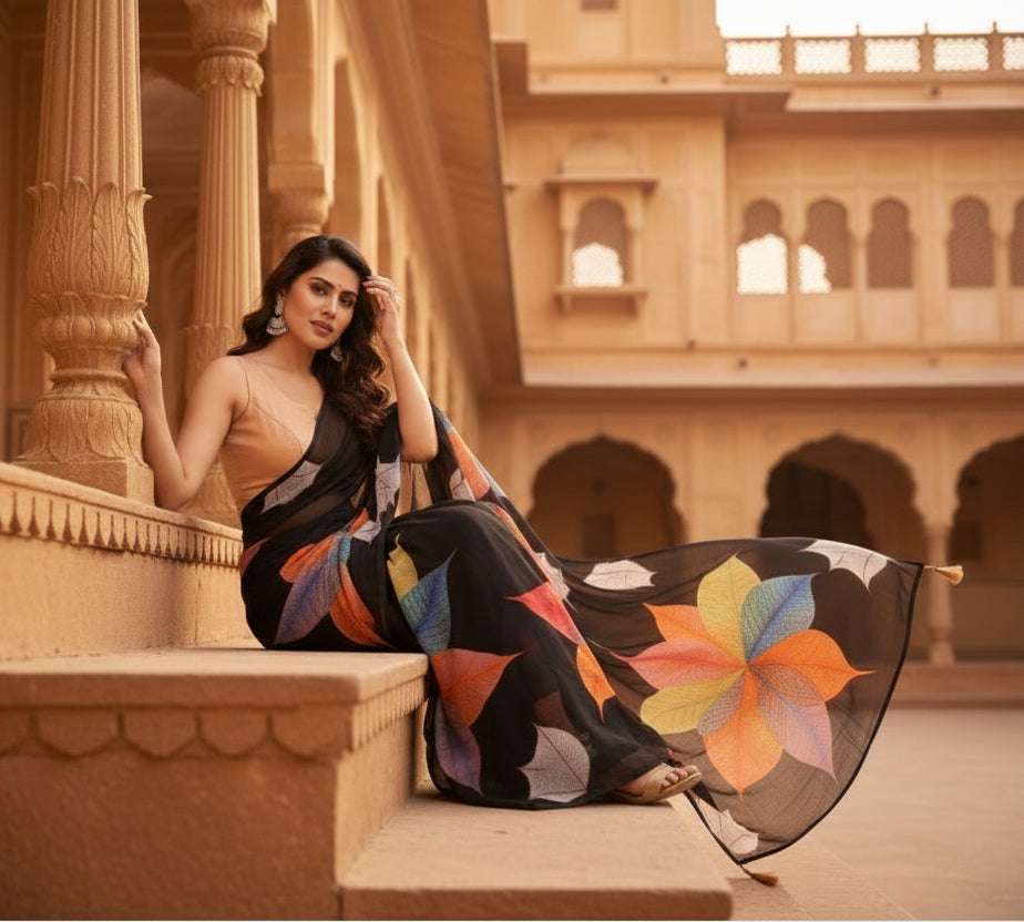 Women's Small Lace Georgette Printed Ready-to-Wear Saree With Unstitched Blouse 5.5 Mtr (Black) Kashvii