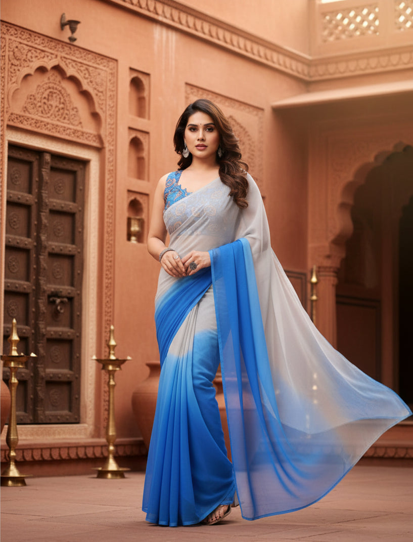 Women's Small Lace Georgette Solid Ready-to-Wear Saree With Unstitched Blouse 5.5 Mtr (Grey-Blue) Kashvii