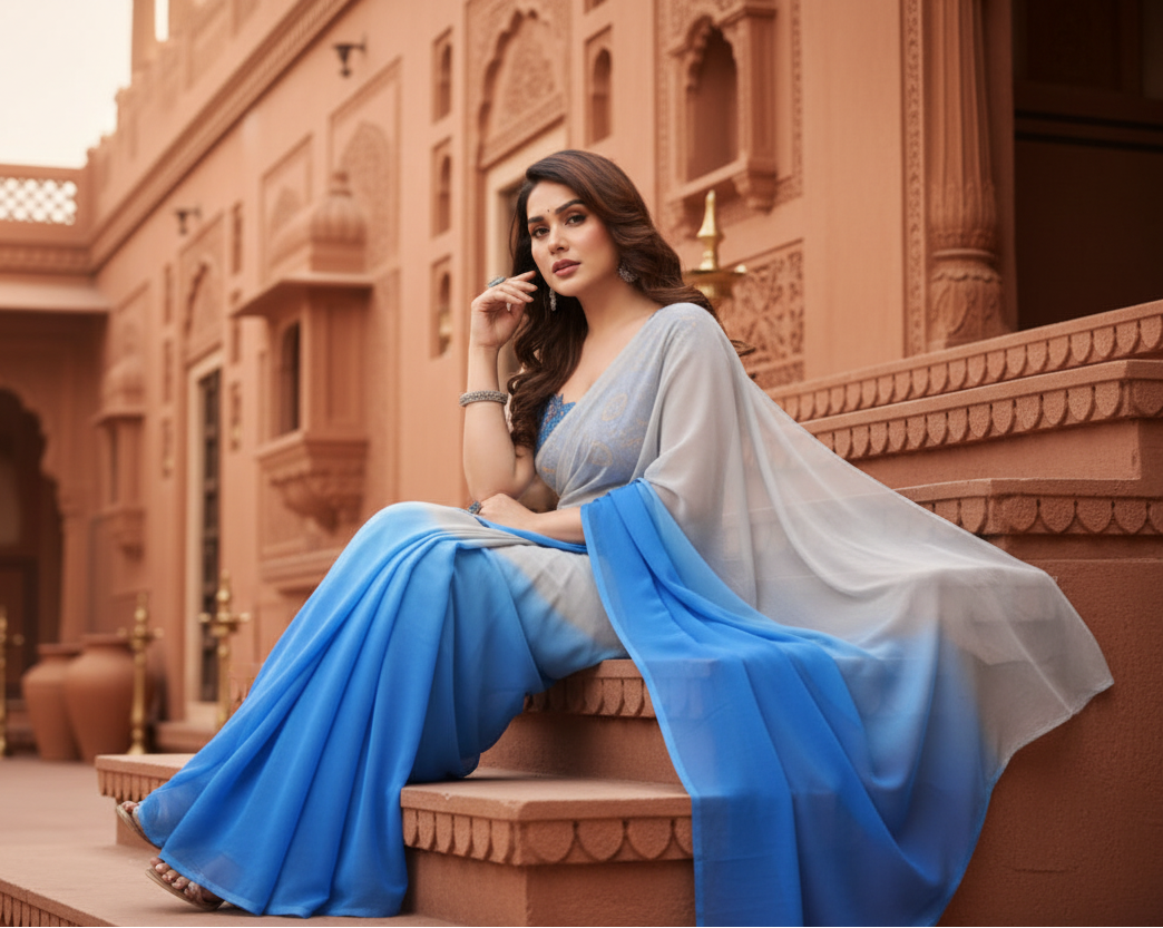 Women's Small Lace Georgette Solid Ready-to-Wear Saree With Unstitched Blouse 5.5 Mtr (Grey-Blue)