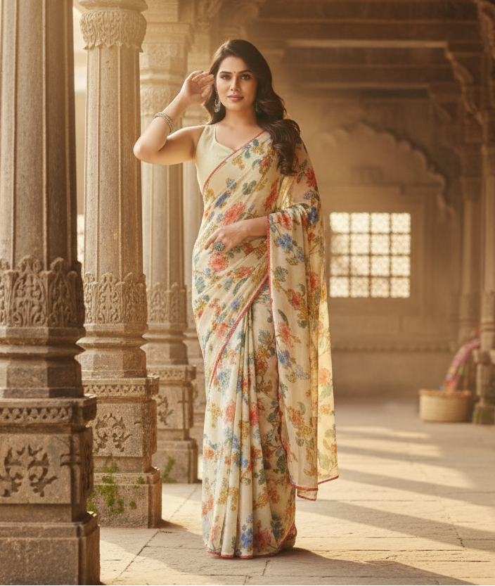 Women's Small Lace Georgette Printed Ready-to-Wear Saree With Unstitched Blouse 5.5 Mtr (Off White) Kashvii