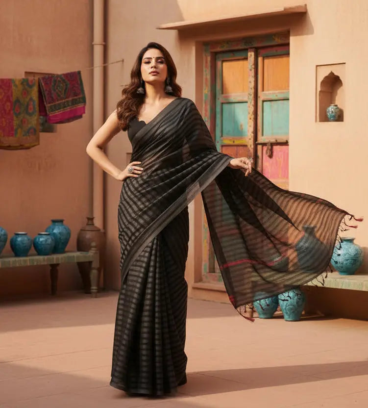 Women's  Black Berry Striped Ready-to-Wear Saree With Unstitched Blouse 5.5 Mtr (Grey-Black) Kashvii
