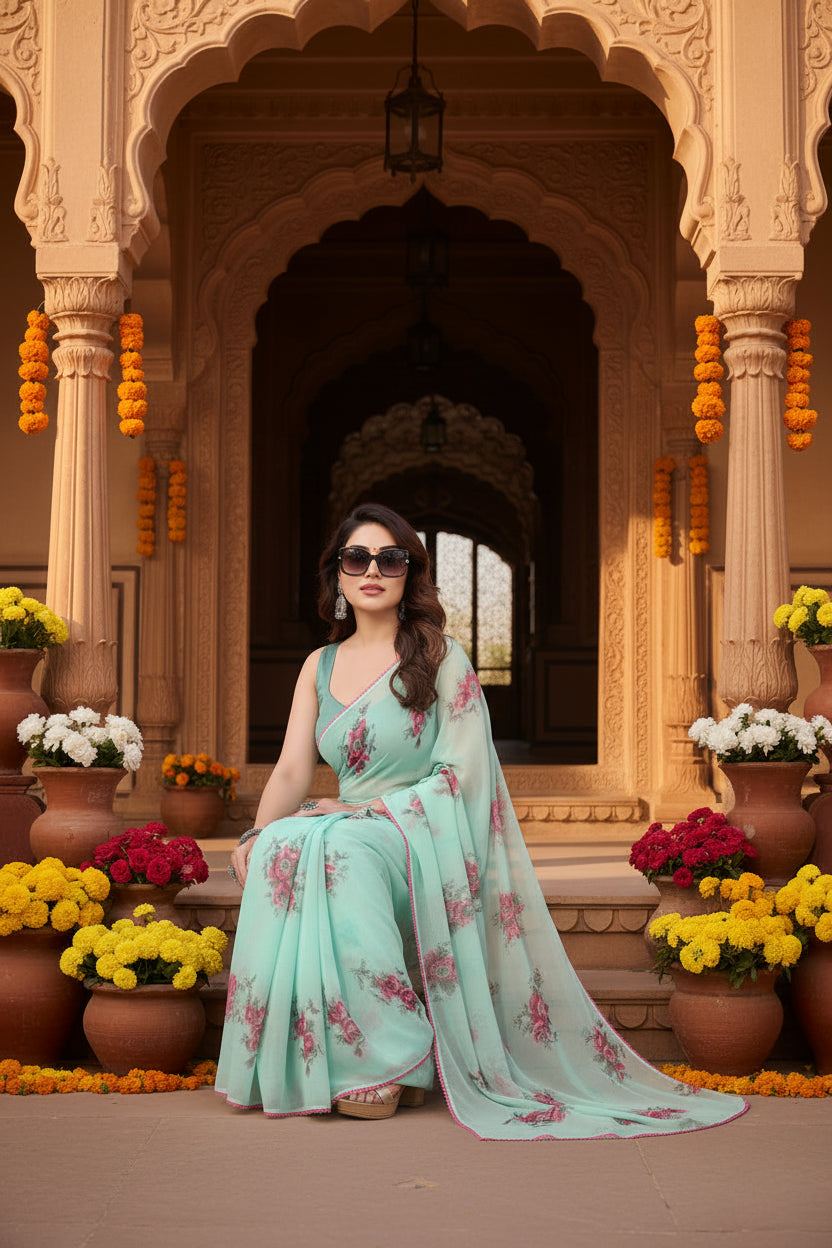 Women's small lace georgette printed ready to wear saree with unstitched blouse 5