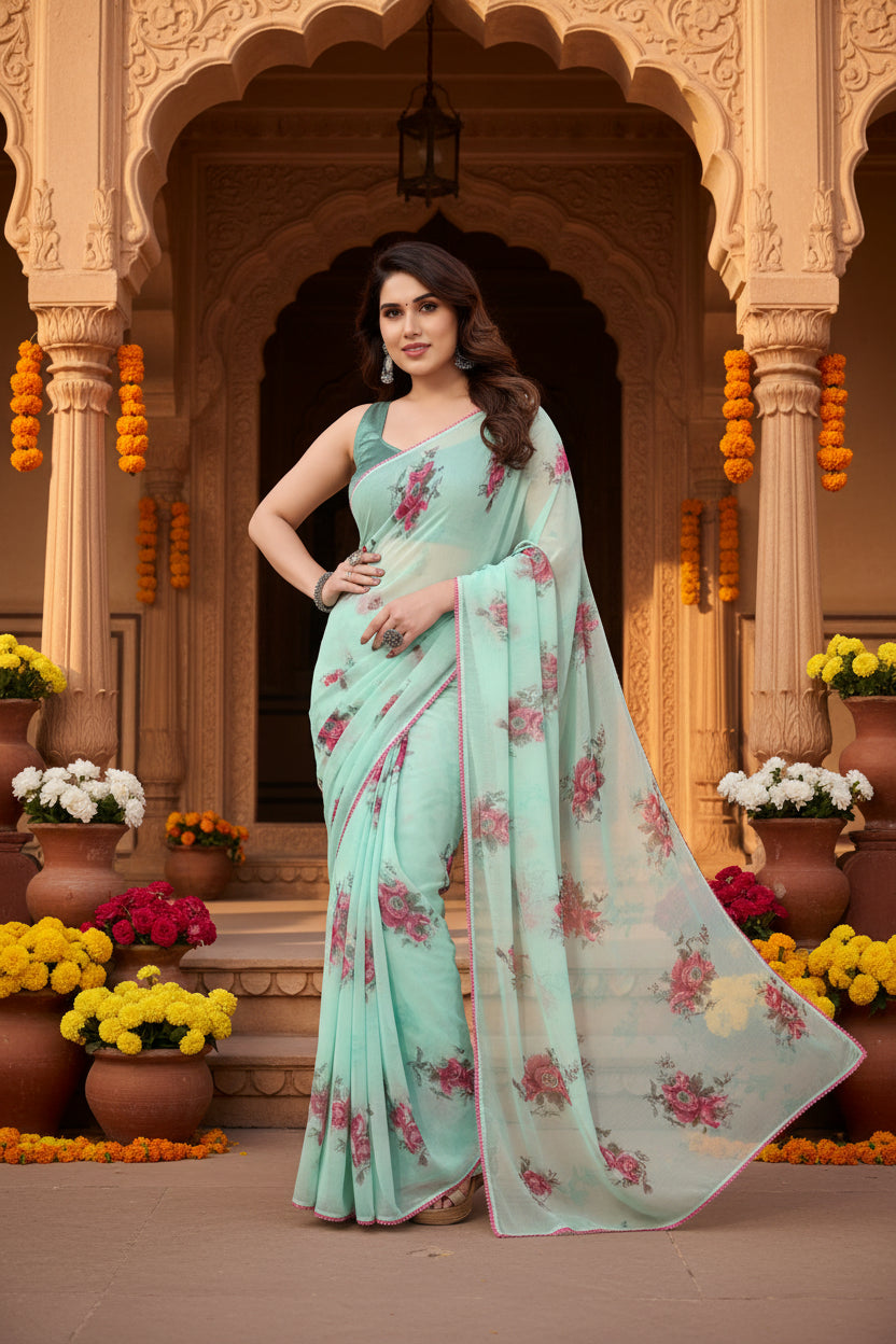 Women's Small Lace Georgette Printed Ready-to-Wear Saree With Unstitched Blouse 5.5 Mtr (Turquoise)