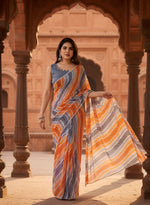 Load image into Gallery viewer, Women's Small Lace Georgette Striped Ready-to-Wear Saree With Unstitched Blouse 5.5 Mtr (Grey) Kashvii
