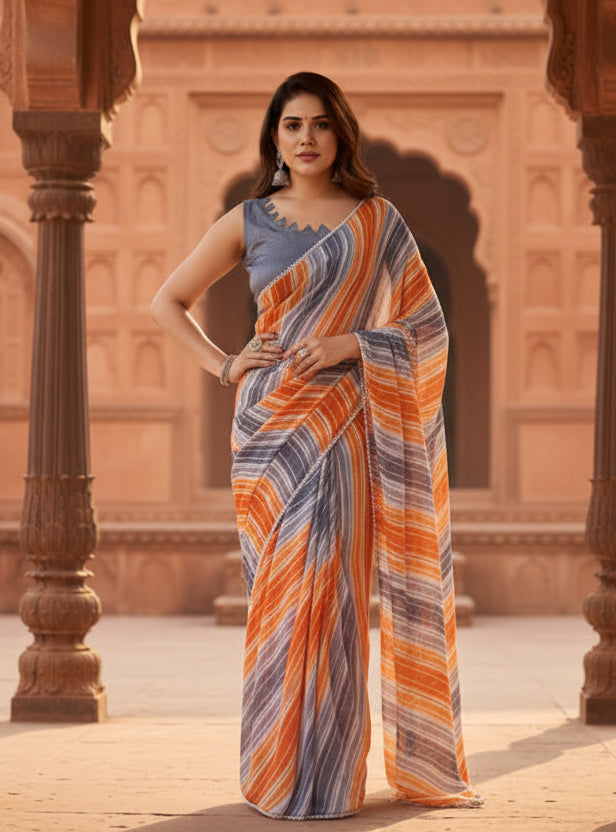 Women's Small Lace Georgette Striped Ready-to-Wear Saree With Unstitched Blouse 5.5 Mtr (Grey)