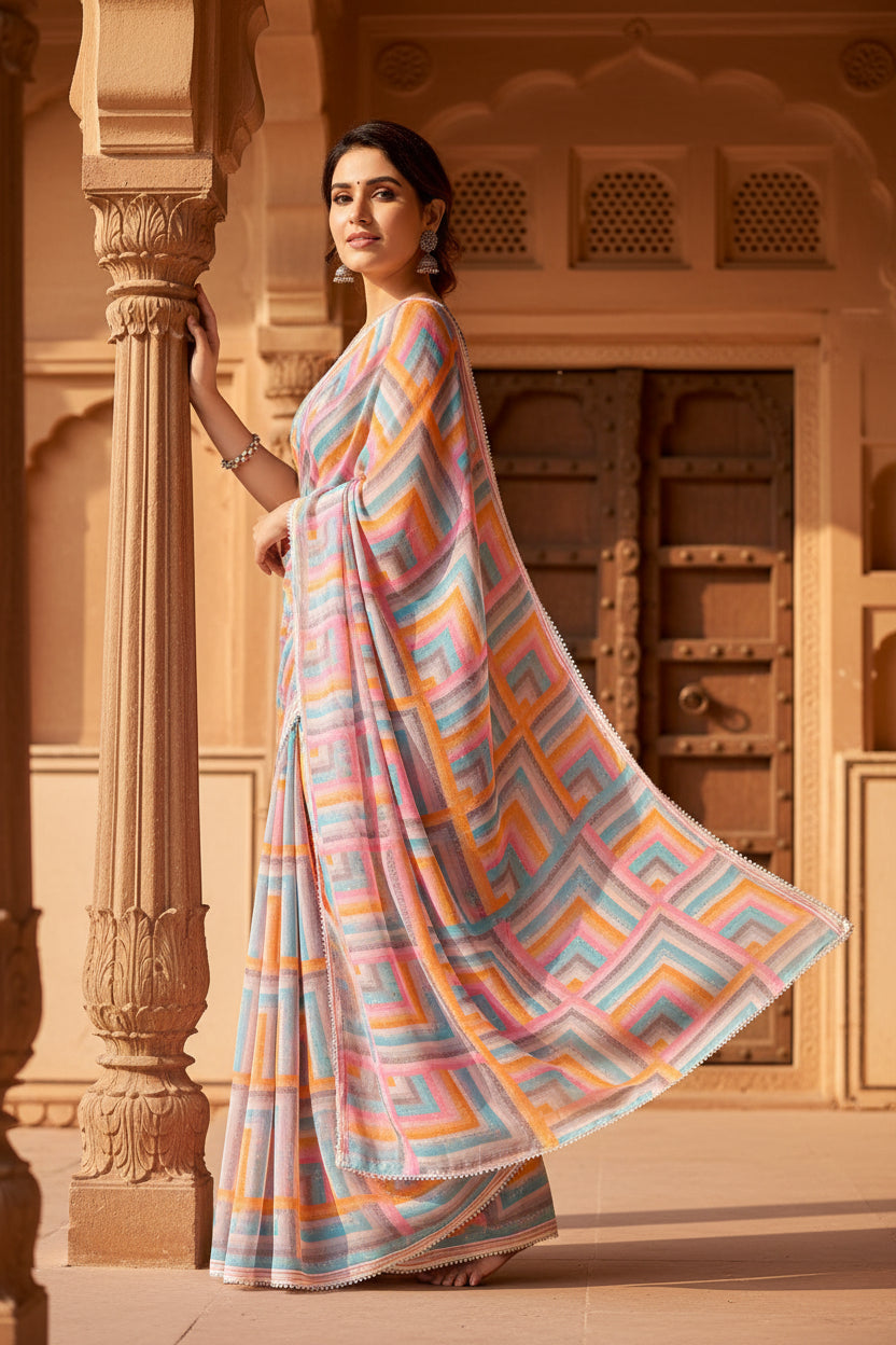Women's small lace georgette printed ready to wear saree with unstitched blouse 5