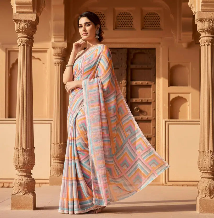 Women's Small Lace Georgette Printed Ready-to-Wear Saree With Unstitched Blouse 5.5 Mtr (Grey) Kashvii