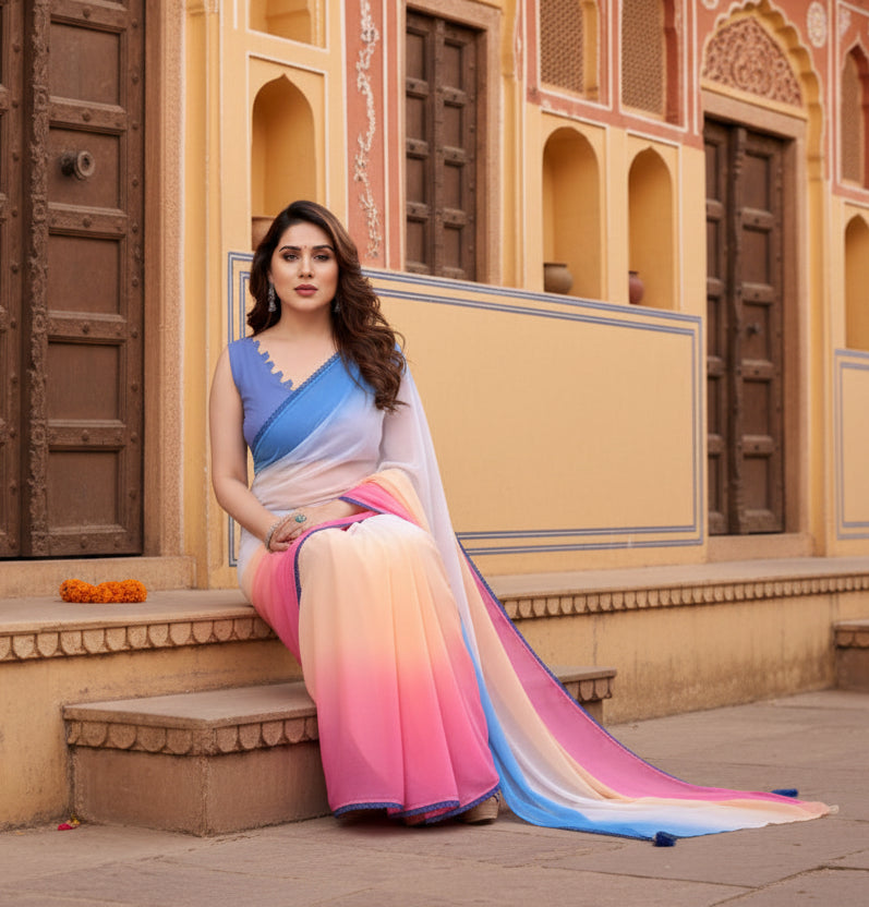 Women's small lace georgette solid ready to wear saree with unstitched blouse 5