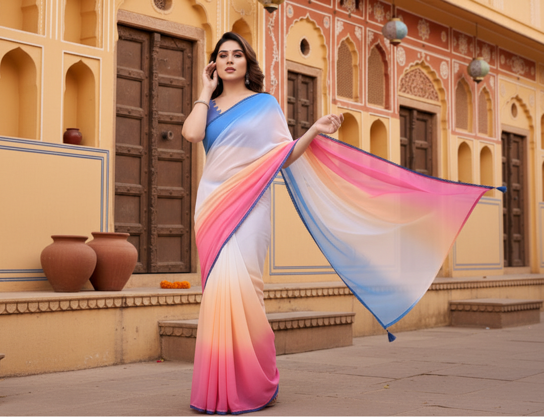 Women's Small Lace Georgette Solid Ready-to-Wear Saree With Unstitched Blouse 5.5 Mtr (Multicolor)