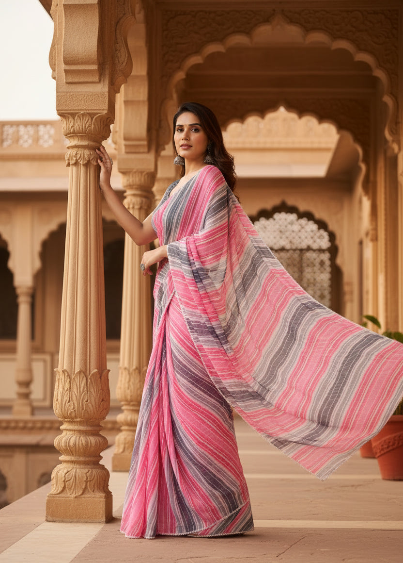 Women's Small Lace Georgette Striped Ready-to-Wear Saree With Unstitched Blouse 5.5 Mtr (Grey) Kashvii
