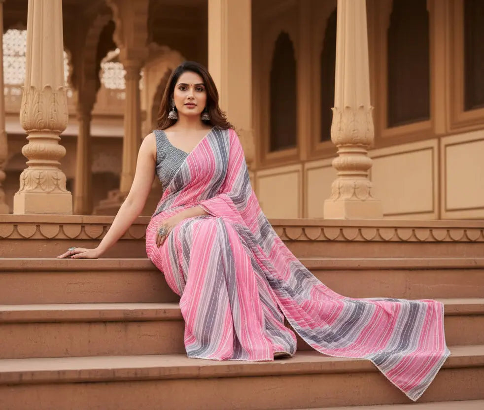 Women's small lace georgette striped ready to wear saree with unstitched blouse 5