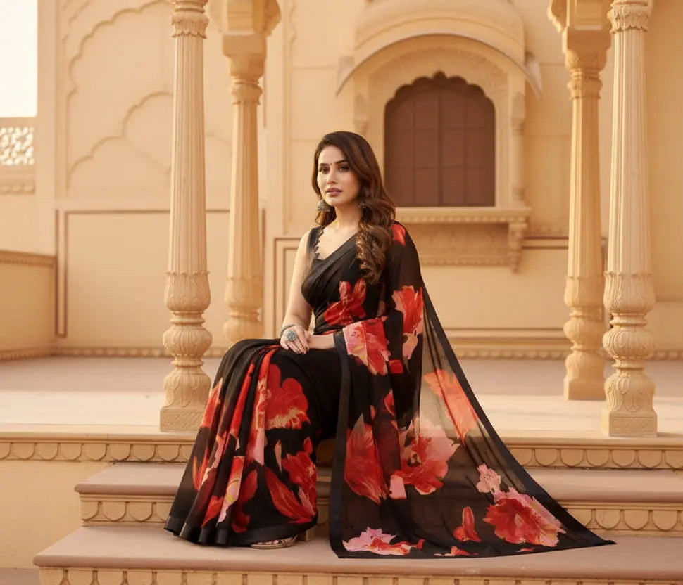 Women's Small Lace Georgette Printed Ready-to-Wear Saree With Unstitched Blouse 5.5 Mtr (Black-Red) Kashvii