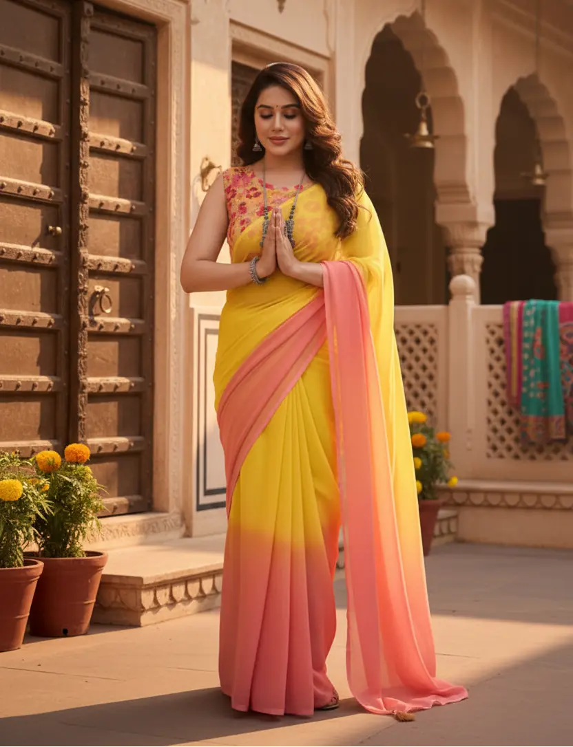 Women's Small Lace Georgette Solid Ready-to-Wear Saree With Unstitched Blouse 5.5 Mtr (Pink-Yellow) Kashvii