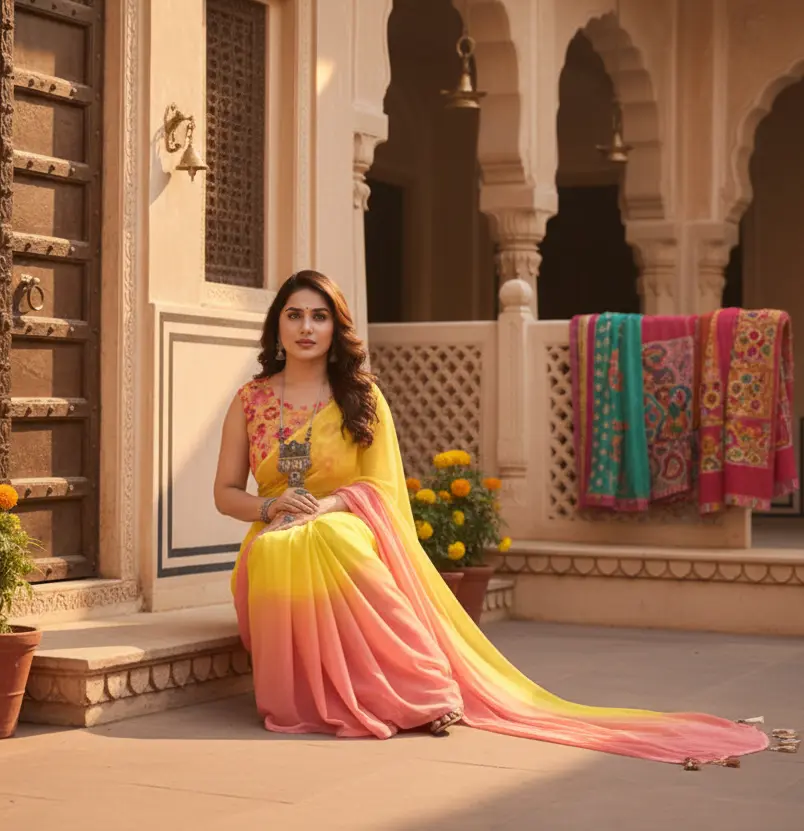 Women's Small Lace Georgette Solid Ready-to-Wear Saree With Unstitched Blouse 5.5 Mtr (Pink-Yellow) Kashvii