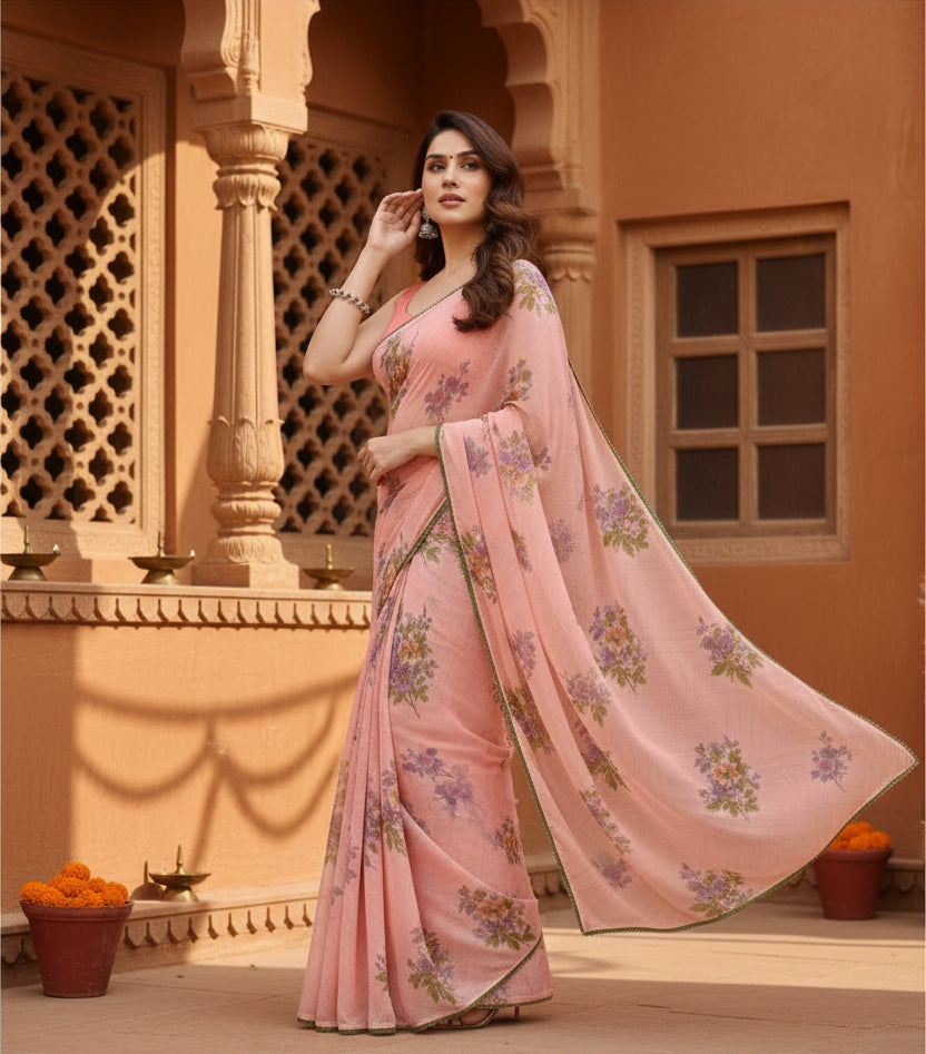 Women's Small Lace Georgette Printed Ready-to-Wear Saree With Unstitched Blouse 5.5 Mtr (Peach) Kashvii
