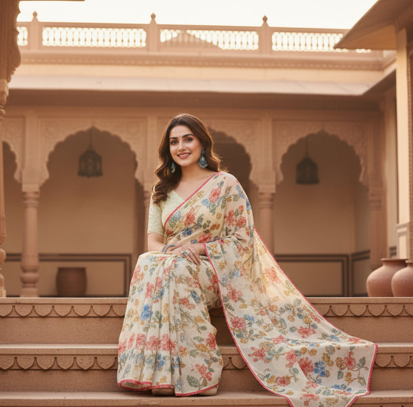 Women's Small Lace Georgette Printed Ready-to-Wear Saree With Unstitched Blouse 5.5 Mtr (Off White) Kashvii