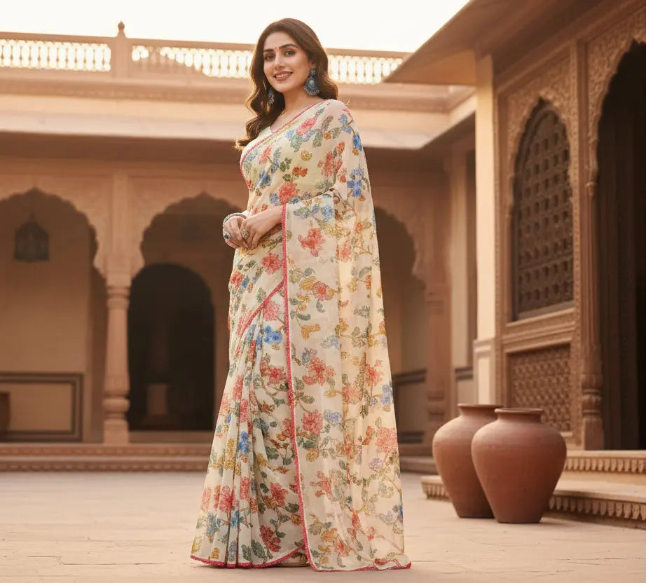 Women's Small Lace Georgette Printed Ready-to-Wear Saree With Unstitched Blouse 5.5 Mtr (Off White) Kashvii