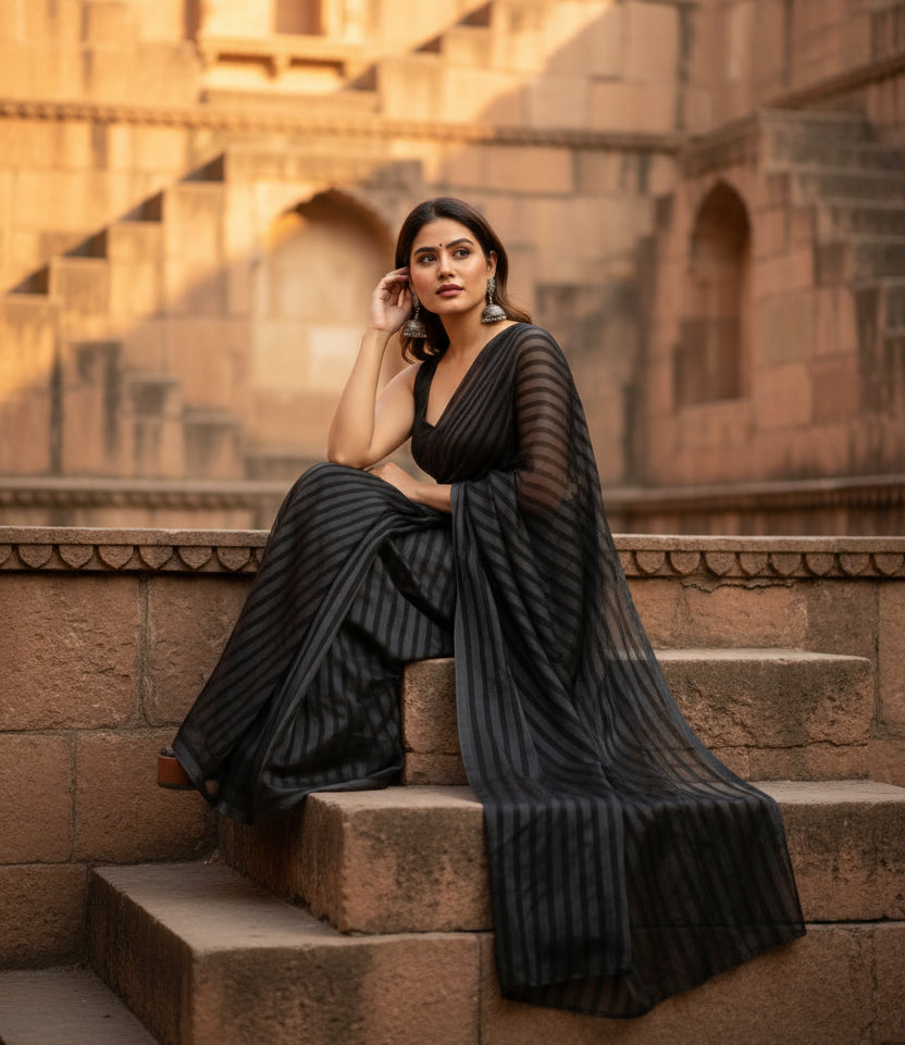 Women's  Black Berry Striped Ready-to-Wear Saree With Unstitched Blouse 5.5 Mtr (Grey-Black) Kashvii