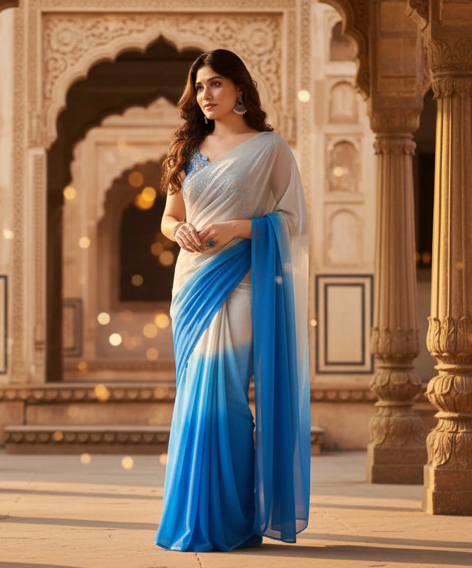 Women's Small Lace Georgette Solid Ready-to-Wear Saree With Unstitched Blouse 5.5 Mtr (Grey-Blue) Kashvii