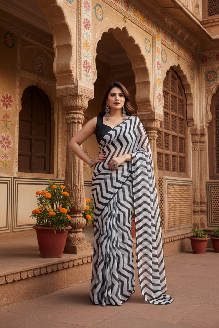 Women's Small Lace Georgette Striped Ready-to-Wear Saree With Unstitched Blouse 5.5 Mtr (Black)