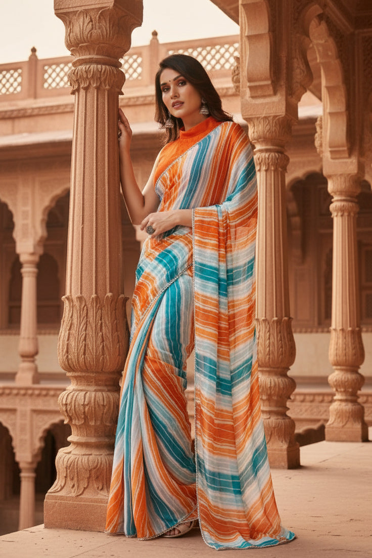 Women's Small Lace Georgette Striped Ready-to-Wear Saree With Unstitched Blouse 5.5 Mtr (Multicolor) Kashvii
