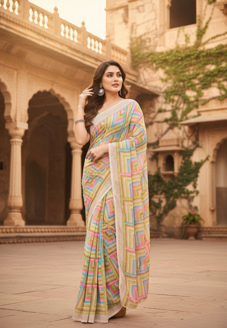 Women's Small Lace Georgette Printed Ready-to-Wear Saree With Unstitched Blouse 5.5 Mtr (Green) Kashvii