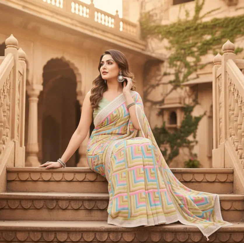 Women's small lace georgette printed ready to wear saree with unstitched blouse 5