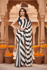 Load image into Gallery viewer, Women's Small Lace Georgette Striped Ready-to-Wear Saree With Unstitched Blouse 5.5 Mtr (Black-White)
