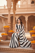 Load image into Gallery viewer, Women's Small Lace Georgette Striped Ready-to-Wear Saree With Unstitched Blouse 5.5 Mtr (Black-White)
