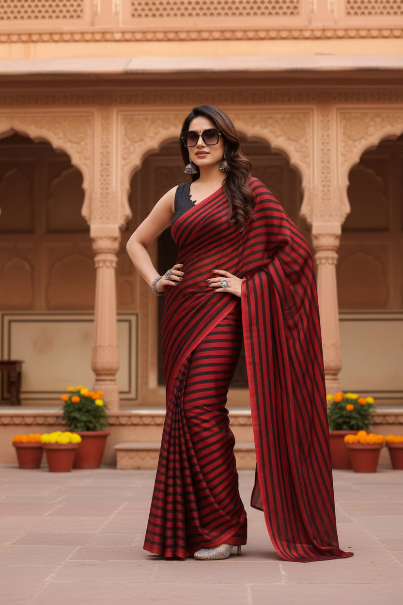 Women's  Black Berry Striped Ready-to-Wear Saree With Unstitched Blouse 5.5 Mtr (Red-Black)