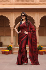 Load image into Gallery viewer, Women's  Black Berry Striped Ready-to-Wear Saree With Unstitched Blouse 5.5 Mtr (Red-Black)
