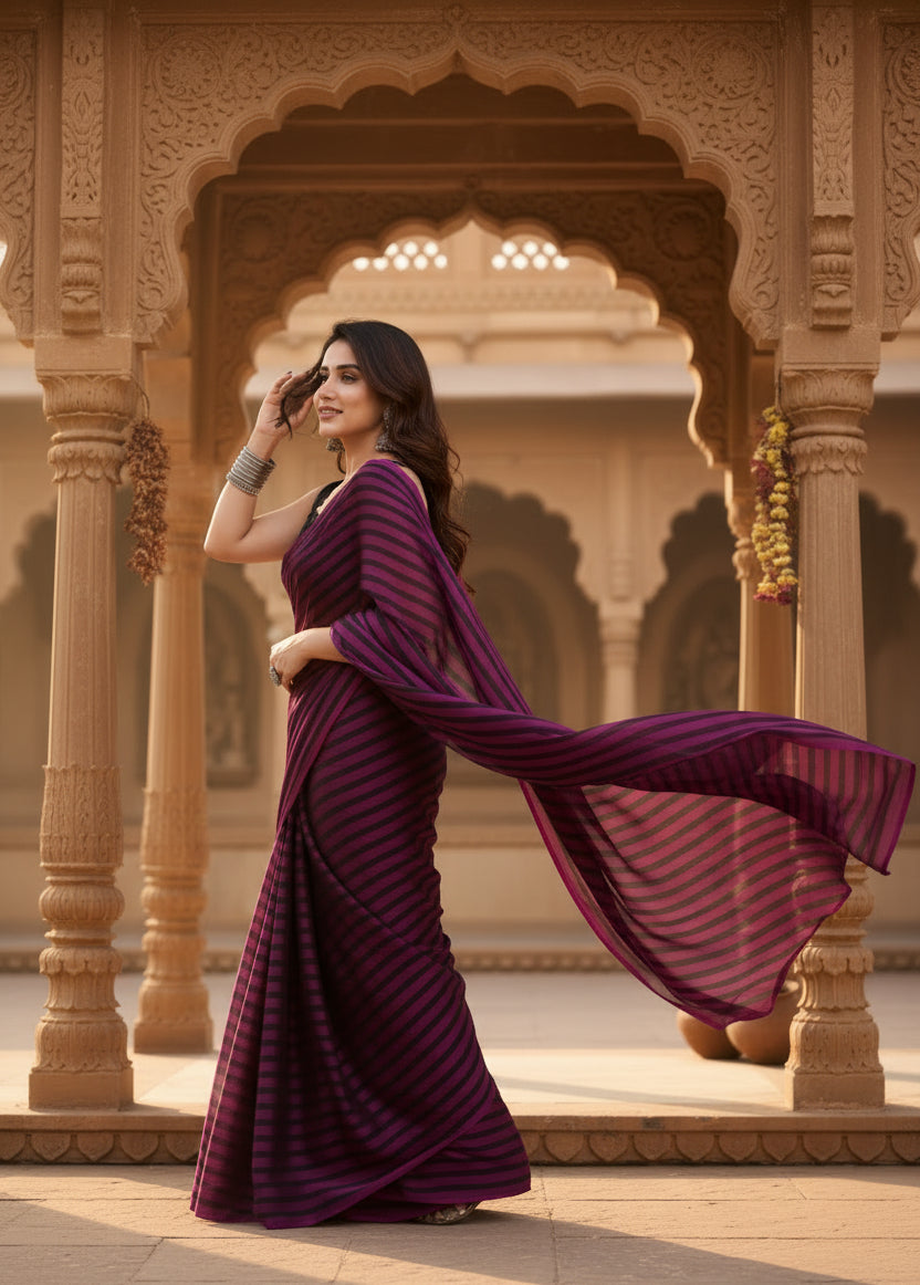 Women's  Black Berry Striped Ready-to-Wear Saree With Unstitched Blouse 5.5 Mtr (Purple-Black) Kashvii