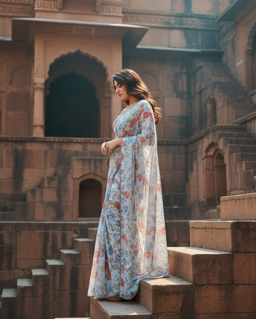 Women's small lace georgette printed ready to wear saree with unstitched blouse 5