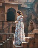 Load image into Gallery viewer, Women's Small Lace Georgette Printed Ready-to-Wear Saree With Unstitched Blouse 5.5 Mtr (Sky Blue) Kashvii
