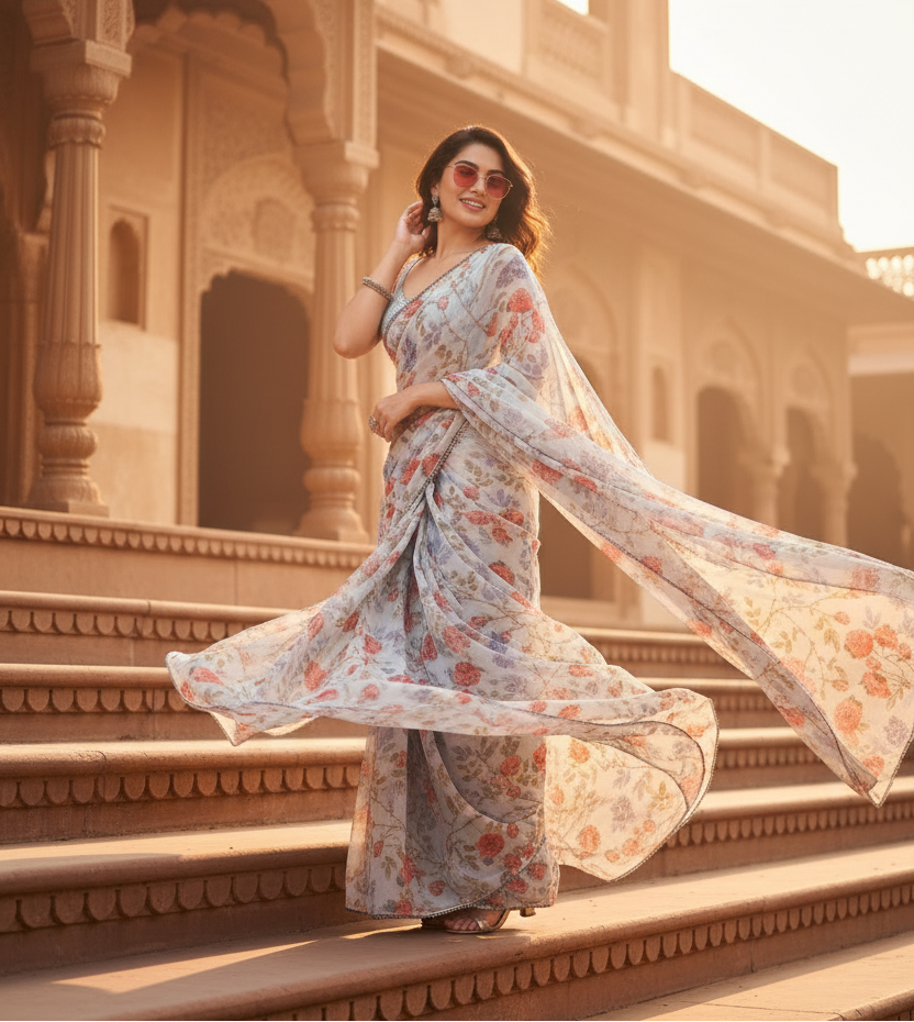 Women's Small Lace Georgette Printed Ready-to-Wear Saree With Unstitched Blouse 5.5 Mtr (Sky Blue) Kashvii
