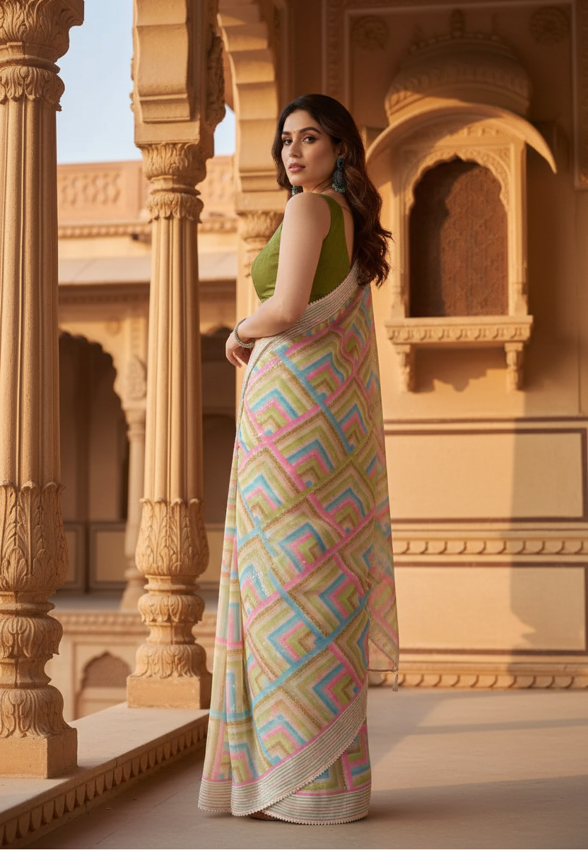 Women's Small Lace Georgette Printed Ready-to-Wear Saree With Unstitched Blouse 5.5 Mtr (Green) Kashvii