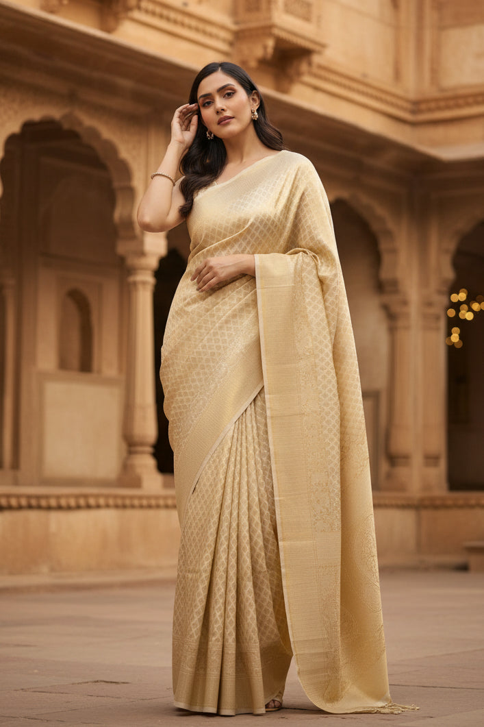 Women's Silk Printed Saree With Unstitched Blouse 5.5Mtr (Gold) Kashvii