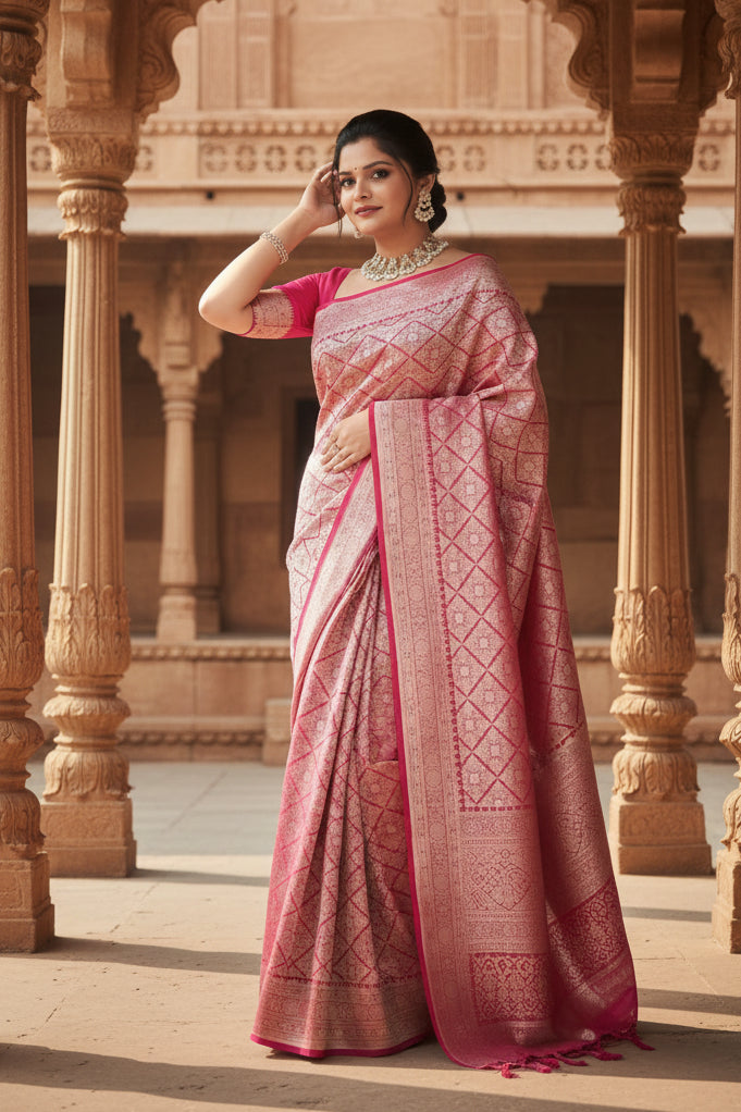 Women's silk printed saree with unstitched blouse 5